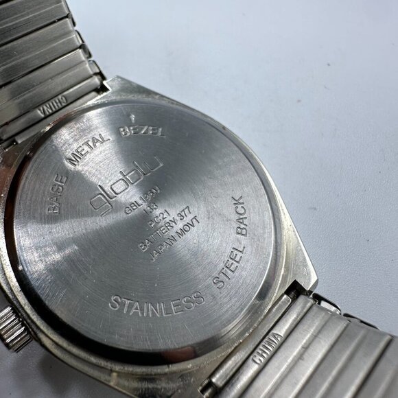 3/$30 Globlu Watch Men Silver White Dial Easy To Read Numbers Stretch Band 8" - Picture 4 of 12